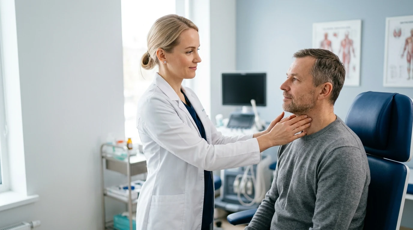 Doctor performing thyroid neck examination on a patient at Kilpnäärme Kliinik